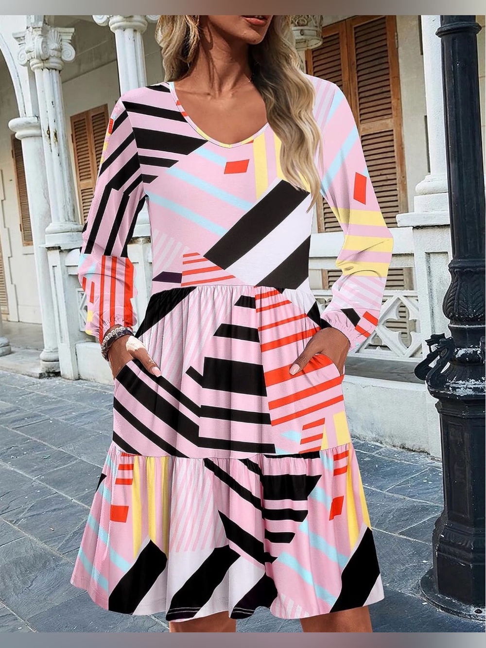 Geo-Stripe Pink Tiered Midi Dress with Long Sleeves